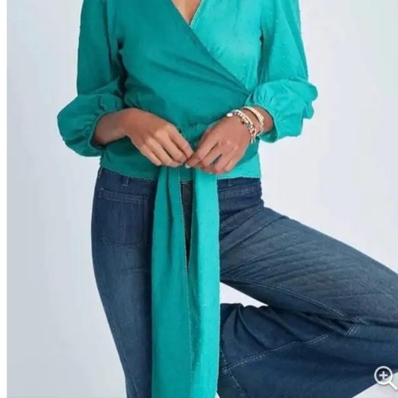 Farm Rio Anthropologie Color Block Teal Swiss Dot Wrap‎ Blouse - Picture 4 of 16